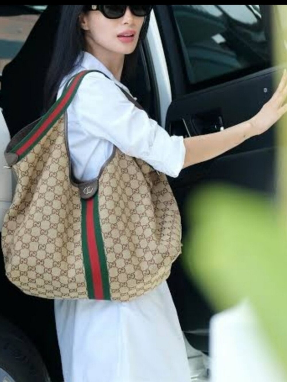 Cotton GiGlo Canvas Monogram Crossbody Tote w/classic GreenRed Strap Pouchet